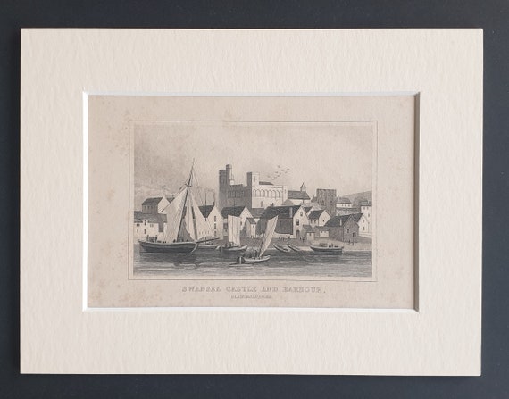 Swansea Castle and Harbour, Glamorganshire - Original c1842 engraving in mount