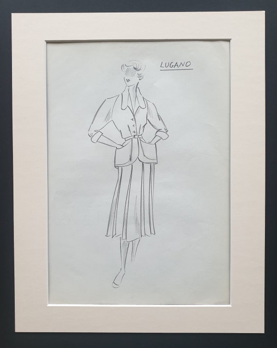 Lugano - Original 1951 Fashion Design Sketch in Pencil (in Mount)
