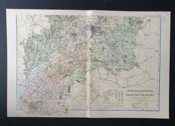 Original 1901 Large Antique County map -  Worcester and Gloucester South