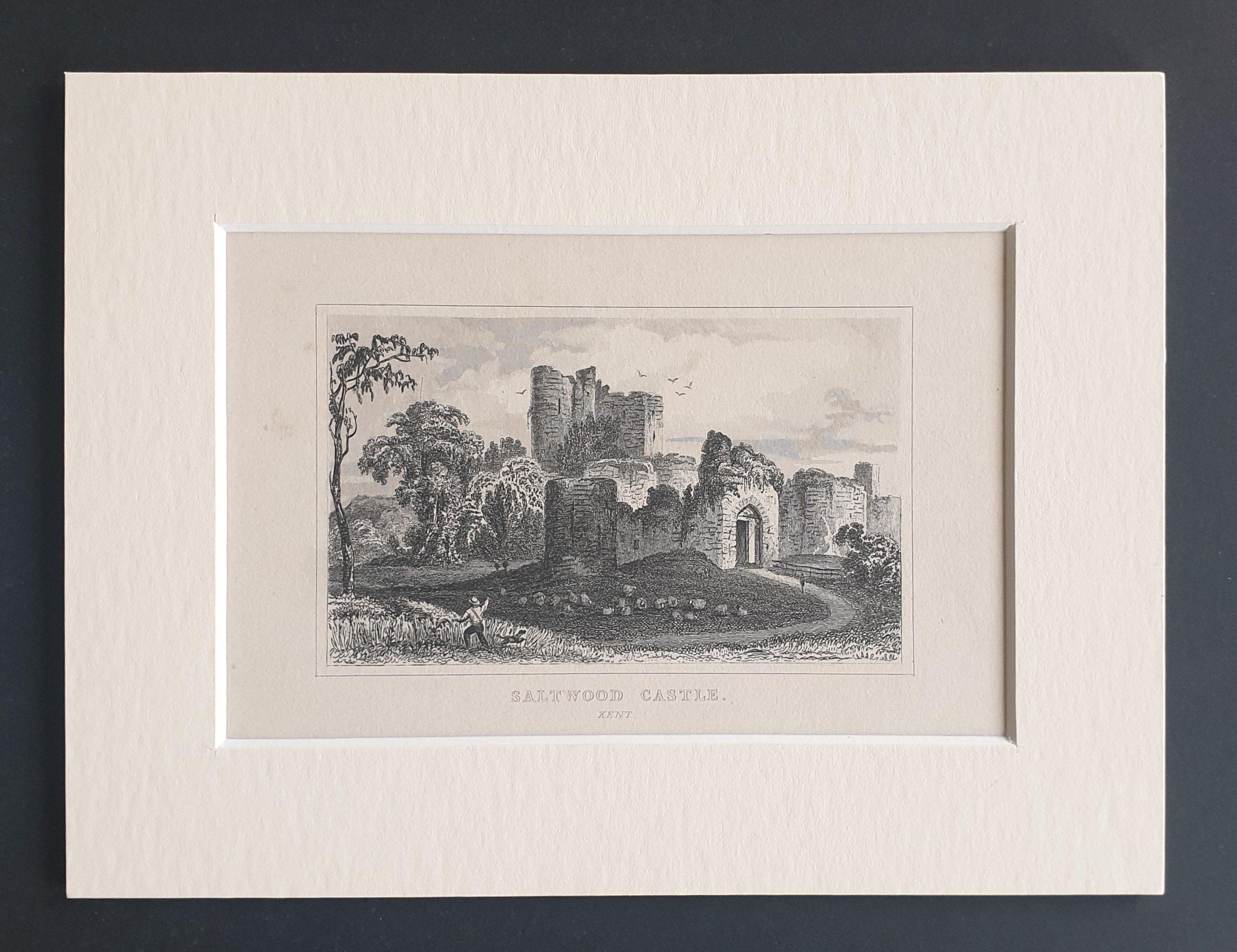 Saltwood Castle, Kent - Original c1842 engraving in mount