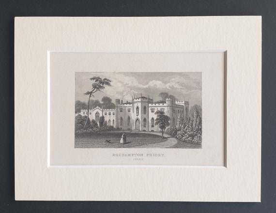 Roehampton Priory, Surrey - Original c1842 engraving in mount