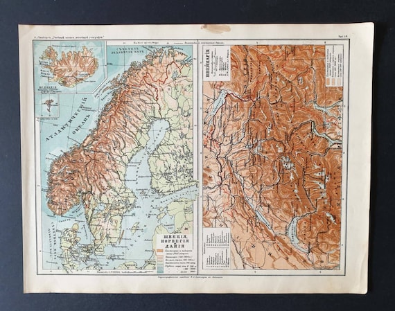 Original rare 1913 Russian map. Scandinavia and Switzerland