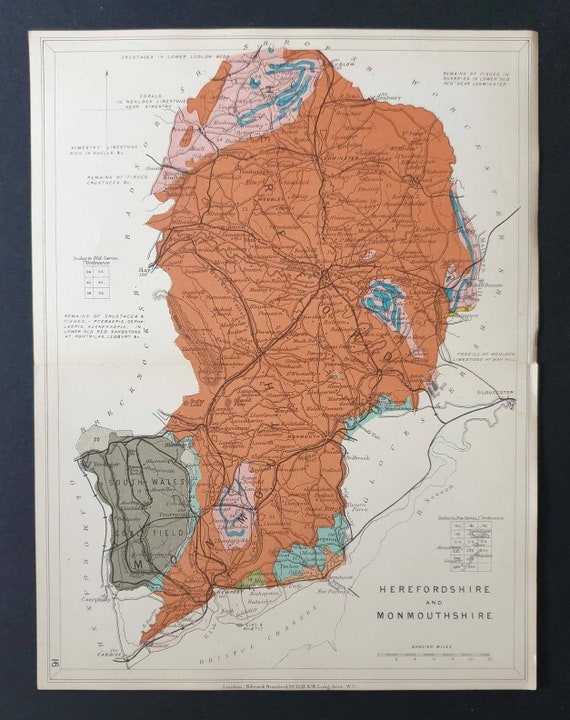 Original 1914 Antique County Geology map - Herefordshire and Monmouthshire