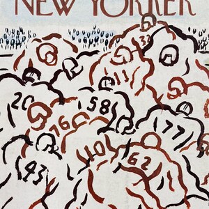 Puede incluir: La portada de la revista The New Yorker del 9 de octubre de 1965 presenta una ilustraci&oacute;n abstracta de un partido de f&uacute;tbol americano. Figuras marrones y negras con n&uacute;meros sobre un fondo blanco. El t&iacute;tulo de la revista es marr&oacute;n.