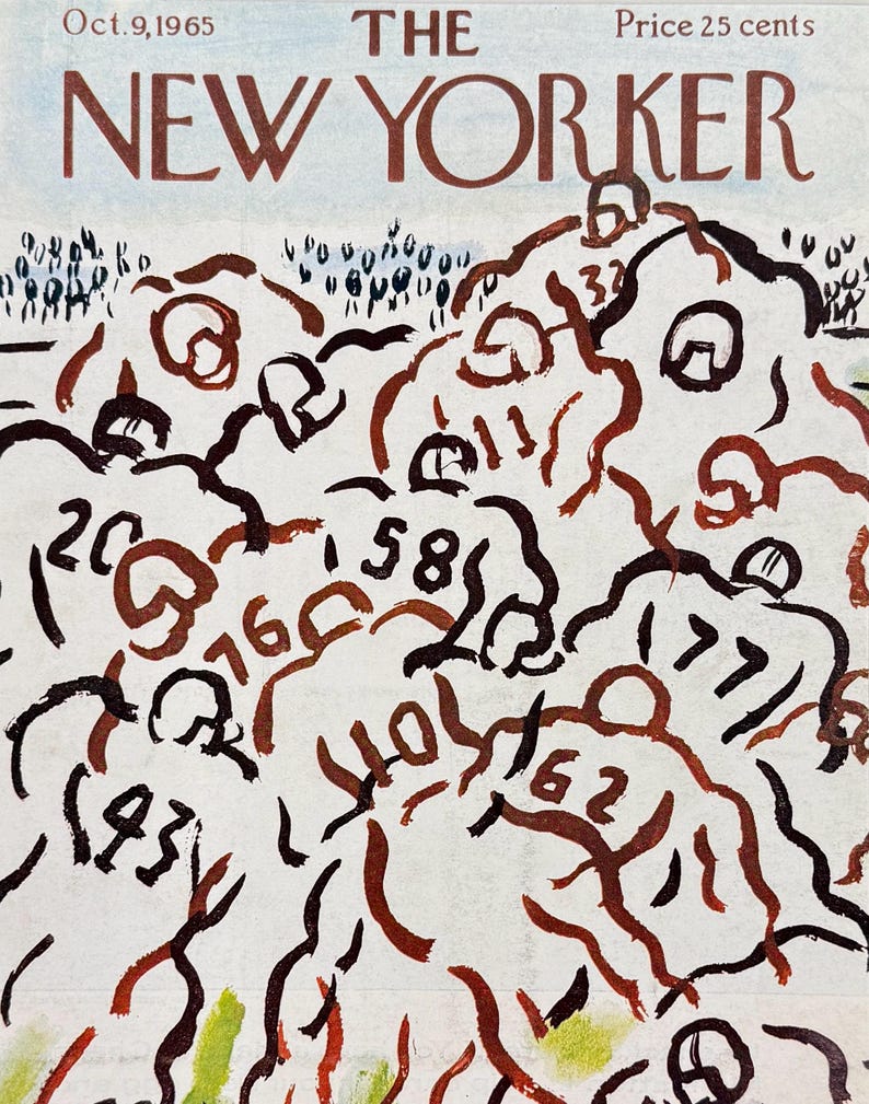 Puede incluir: La portada de la revista The New Yorker del 9 de octubre de 1965 presenta una ilustraci&oacute;n abstracta de un partido de f&uacute;tbol americano. Figuras marrones y negras con n&uacute;meros sobre un fondo blanco. El t&iacute;tulo de la revista es marr&oacute;n.