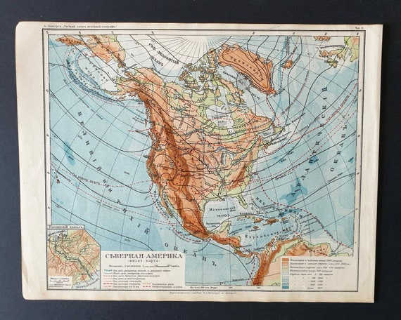 Original rare 1913 Russian map. North America Physical