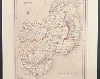 Down - Original 1850 Hand Coloured Map