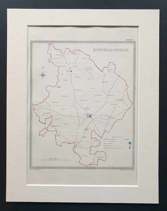 Huntingdonshire - Original 1835 map in mount