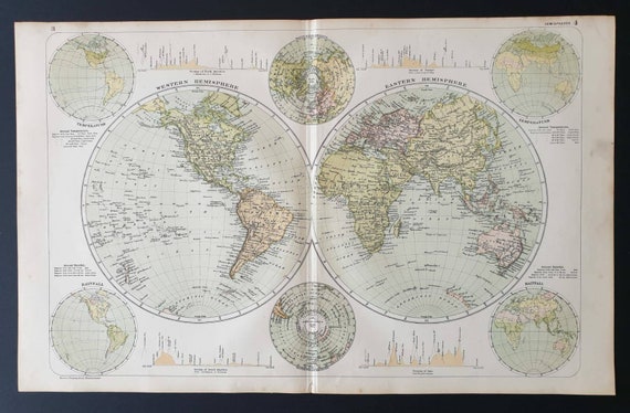 Original 1908 map - World Map - Hemispheres