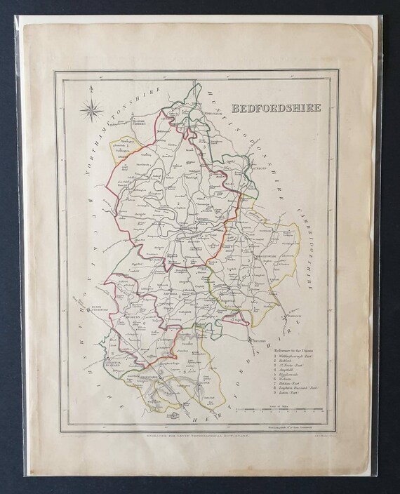 Original 1844 hand coloured County map - Bedfordshire