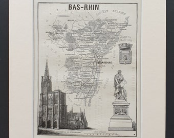 Bas Rhin - Original 1865 map in mount