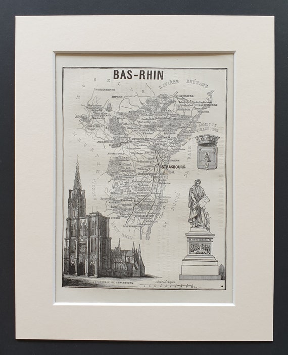 Bas Rhin - Original 1865 map in mount