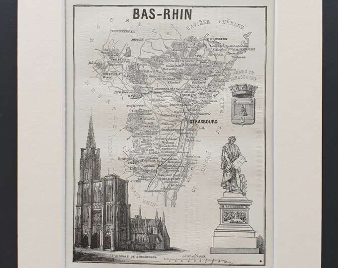 Bas Rhin - Original 1865 map in mount