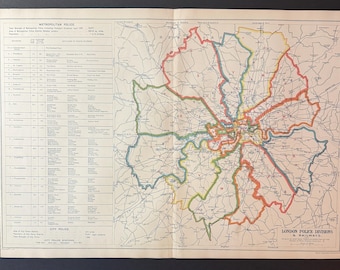 London Police Divisions & Railways - Original Antique c1924 London Map