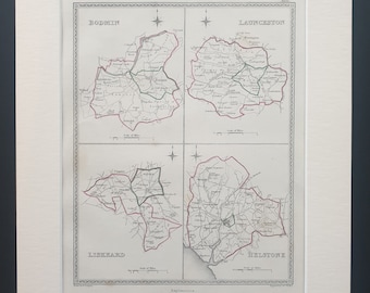 Bodmin, Launceston, Liskeard and Helstone - Original 1835 maps in mount
