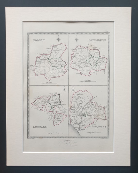 Bodmin, Launceston, Liskeard and Helstone - Original 1835 maps in mount