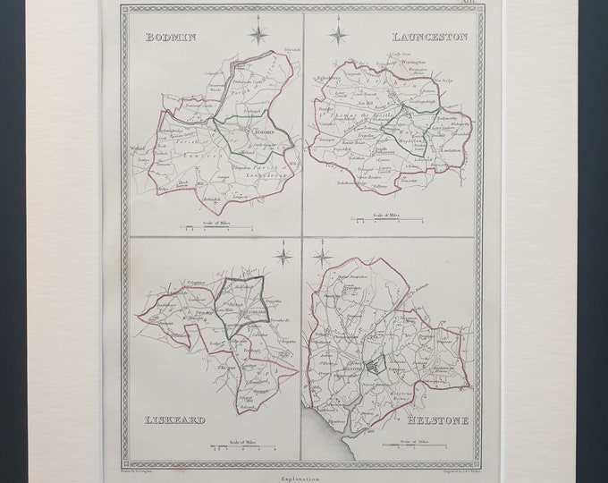 Bodmin, Launceston, Liskeard and Helstone - Original 1835 maps in mount