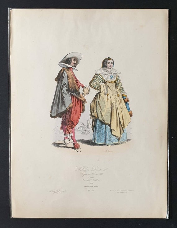 Original c1840 hand coloured French historical costume print - The Nobility of Lorraine in the Kingdom of Louis XIII, 1625