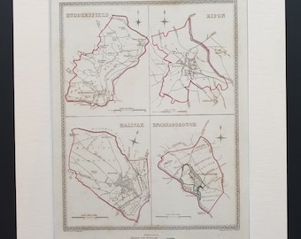 Huddersfield, Ripon, Halifax and Knaresborough - Original 1835 maps in mount