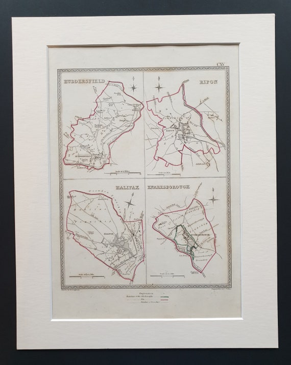 Huddersfield, Ripon, Halifax and Knaresborough - Original 1835 maps in mount