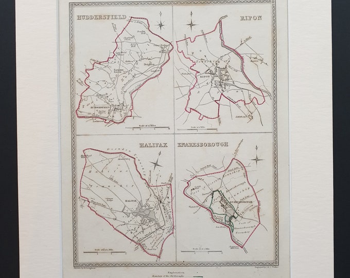 Huddersfield, Ripon, Halifax and Knaresborough - Original 1835 maps in mount