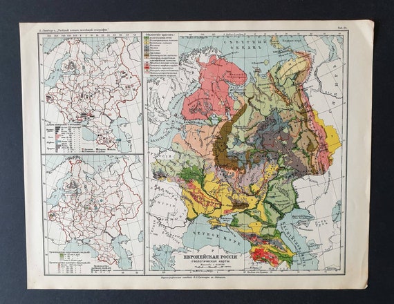 Original rare 1913 Russian map. European Russia Geology and Minerals