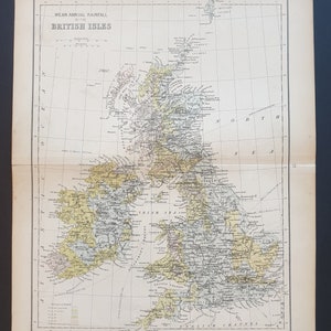 May include: A vintage map of the British Isles, showing mean annual rainfall. The map is in shades of beige, green, and yellow, with text in black. The title "Mean Annual Rainfall of the British Isles" is at the top.