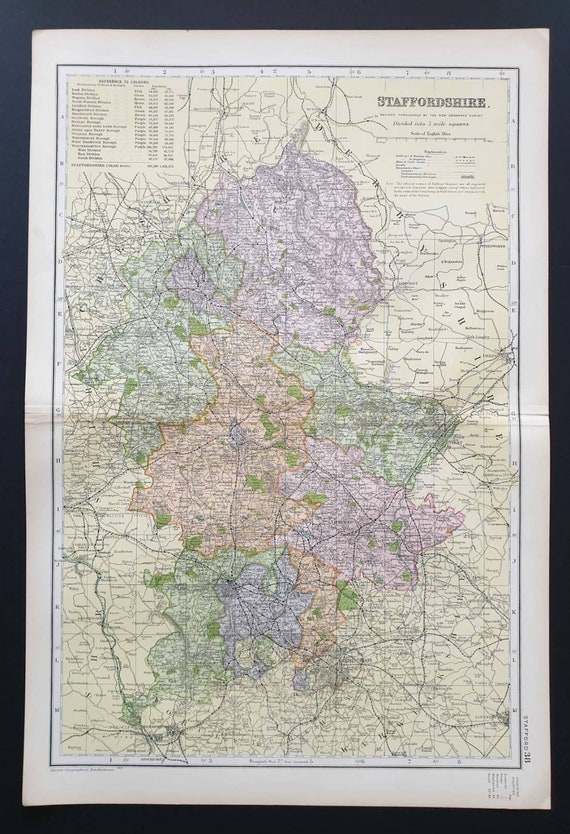 Original 1901 Large Antique County map - Staffordshire