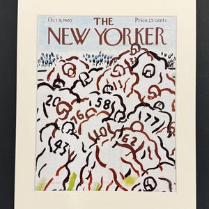 Puede incluir: Una portada enmarcada de la revista The New Yorker del 9 de octubre de 1965. La ilustraci&oacute;n representa un partido de f&uacute;tbol americano con jugadores en marr&oacute;n y blanco, con n&uacute;meros de camiseta visibles. El fondo es azul claro.