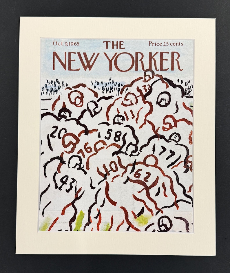 Puede incluir: Una portada enmarcada de la revista The New Yorker del 9 de octubre de 1965. La ilustraci&oacute;n representa un partido de f&uacute;tbol americano con jugadores en marr&oacute;n y blanco, con n&uacute;meros de camiseta visibles. El fondo es azul claro.