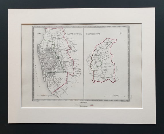 Liverpool and Clitheroe - Original 1835 maps in mount