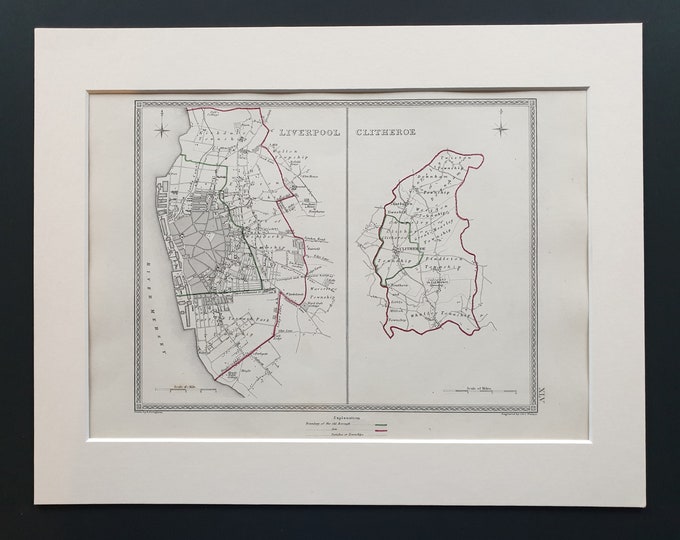 Liverpool and Clitheroe - Original 1835 maps in mount
