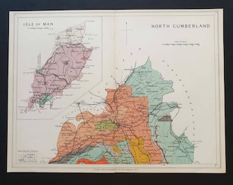 North Cumberland / Isle of Man - Original 1904 Antique County Geology map