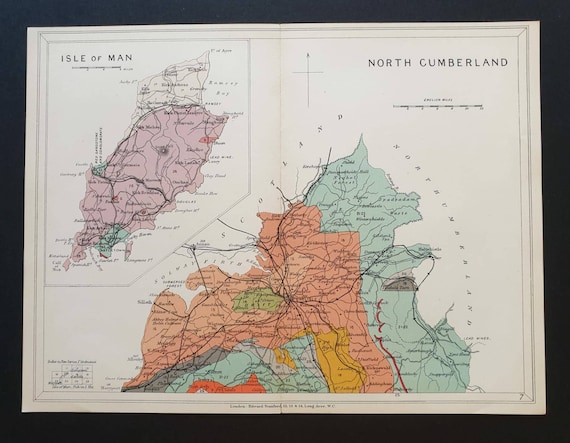 Original 1904 Antique County Geology map - North Cumberland/ Isle of Man