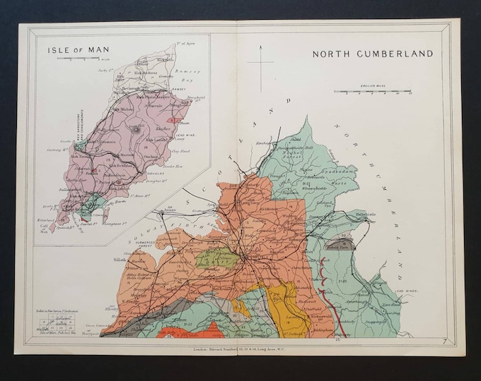 Original 1904 Antique County Geology map - North Cumberland/ Isle of Man