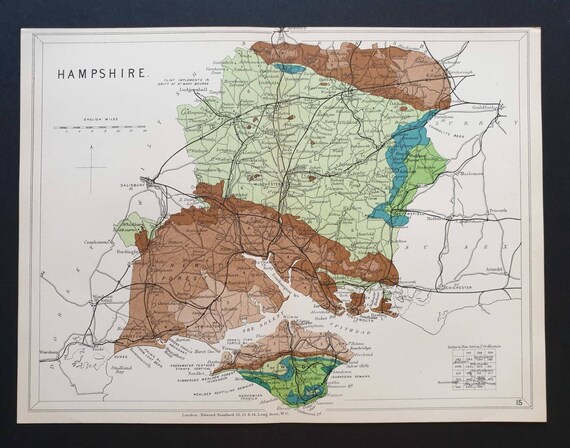 Original 1904 Antique County Geology map - Hampshire