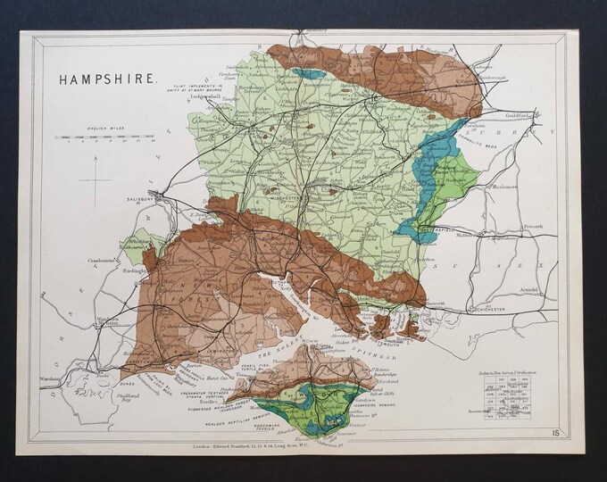 Original 1904 Antique County Geology map - Hampshire