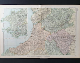 Wales Central - Original 1900 Large Antique map