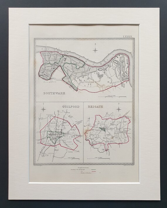 Southwark, Guilford (Guildford) and Reigate - Original 1835 map in mount