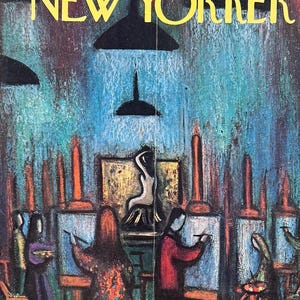 May include: The New Yorker magazine cover from May 18, 1963, shows an artistic illustration of an art class. The cover art depicts figures painting at easels under hanging lamps. The background is a blend of blue, red, and brown.