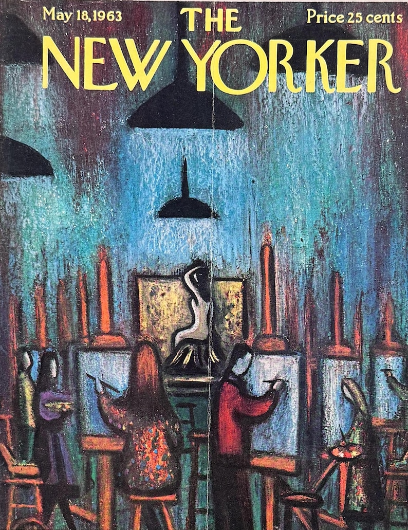 May include: The New Yorker magazine cover from May 18, 1963, shows an artistic illustration of an art class. The cover art depicts figures painting at easels under hanging lamps. The background is a blend of blue, red, and brown.