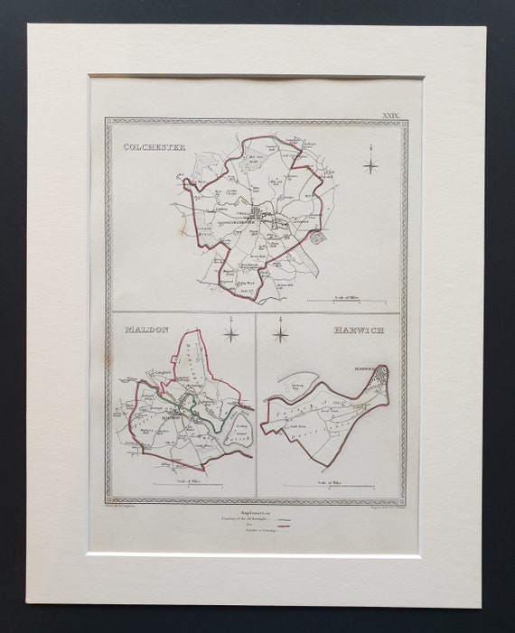 Colchester, Maldon and Harwich - Original 1835 maps in mount