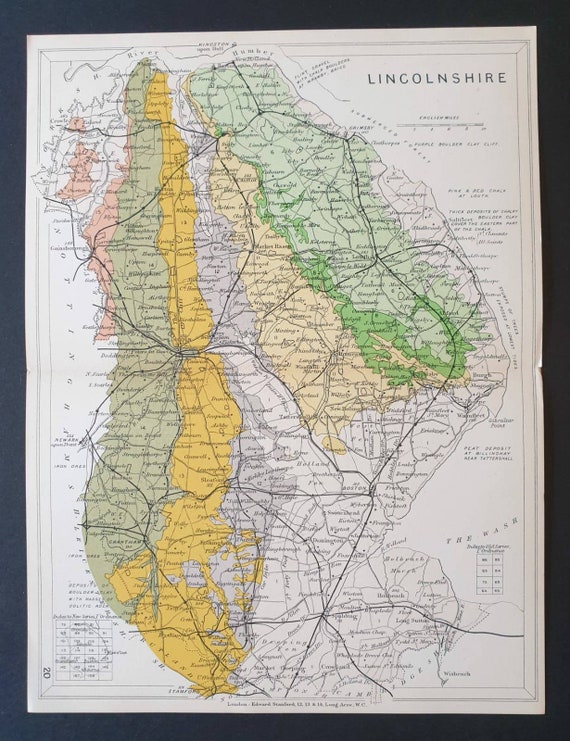 Original 1904 Antique County Geology map - Lincolnshire