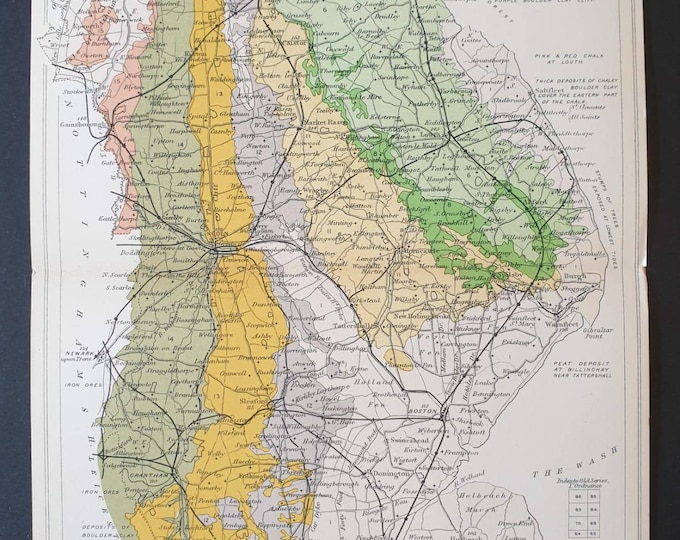 Original 1904 Antique County Geology map - Lincolnshire
