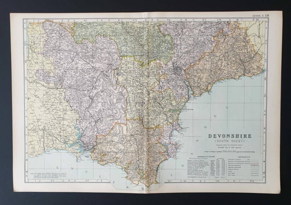 Original 1901 Large Antique County map - Devonshire South