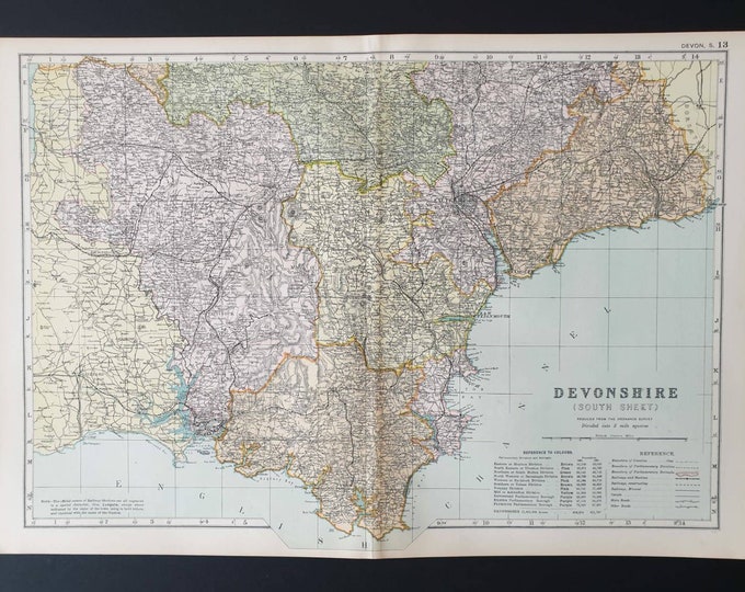 Original 1901 Large Antique County map - Devonshire South