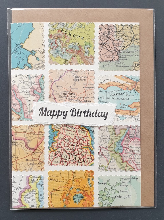 Mappy Birthday - handmade card using original vintage map pieces