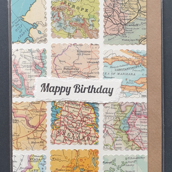 Mappy Birthday - handmade card using original vintage map pieces