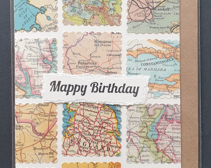 Mappy Birthday - handmade card using original vintage map pieces