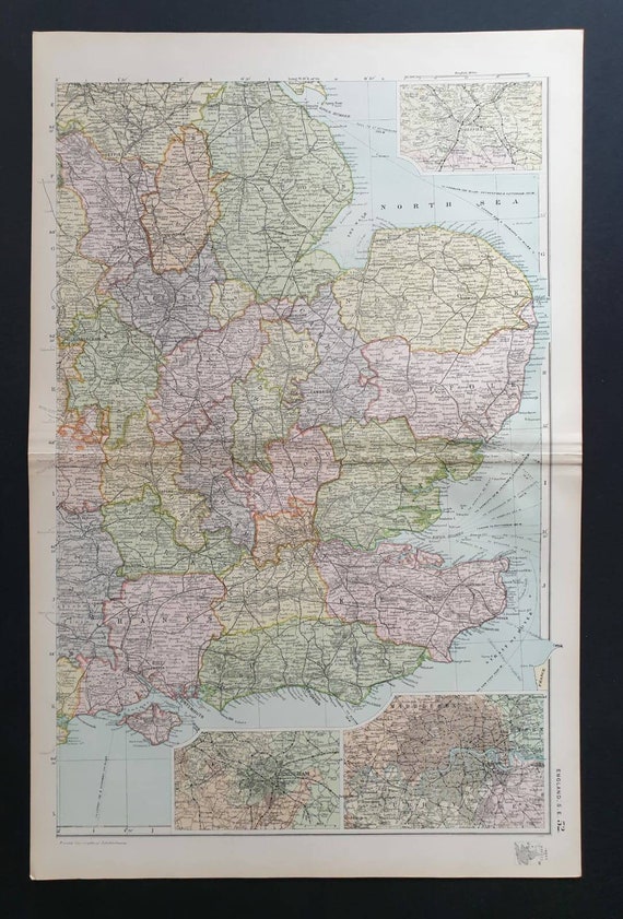 Original 1900 Large Antique map - England South East